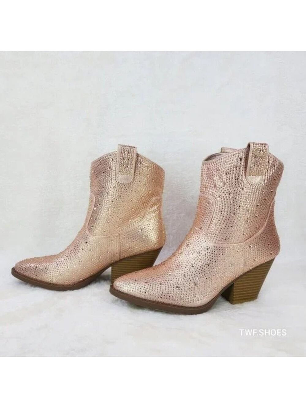 NIB Dolly Rose Gold Rhinestone Glitter Cowgirl Country Glam Western Ankle Boots